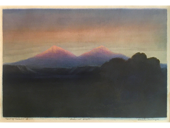 Spanish Peaks etching by Burr