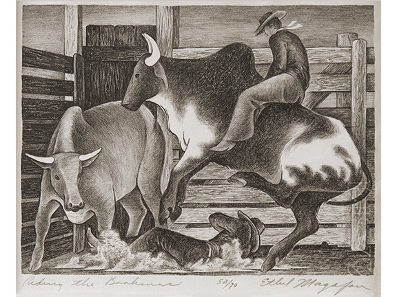 Riding the Brahmas lithograph by Ethel Magafan