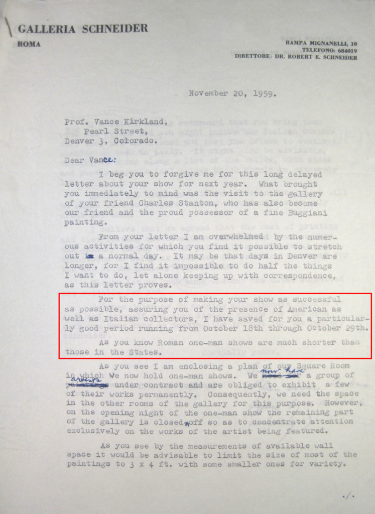Galleria Schneider letter to Kirkland 1959, page 1