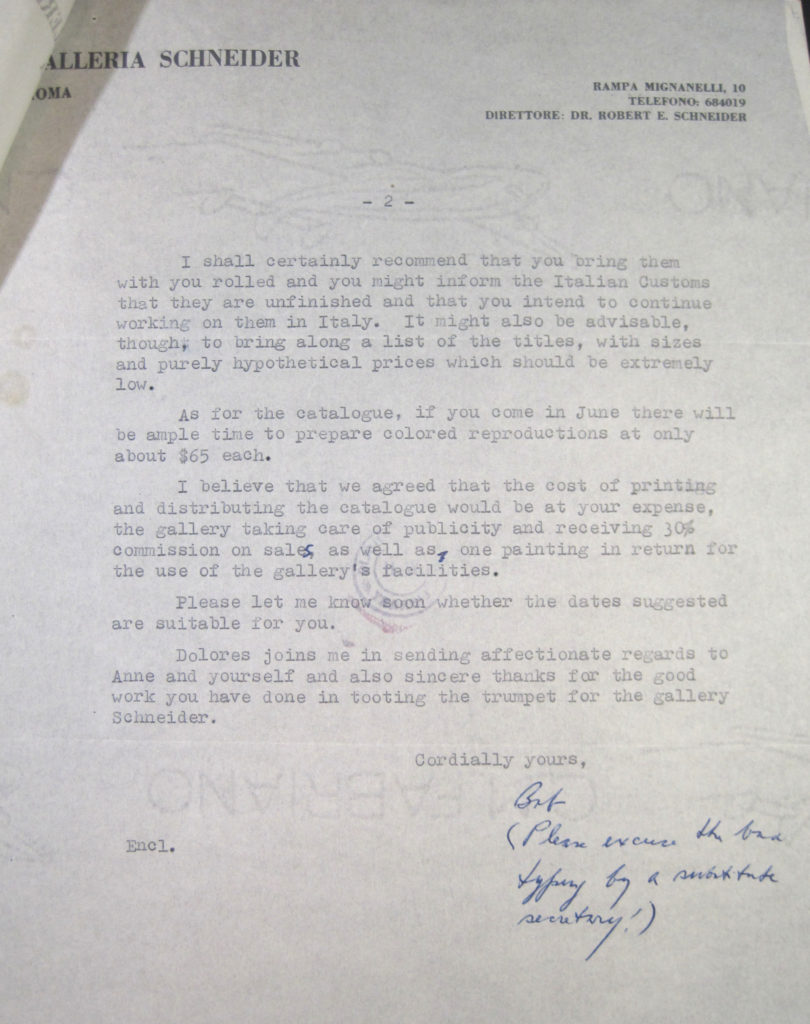 Galleria Schneider letter to Kirkland 1959, page 2