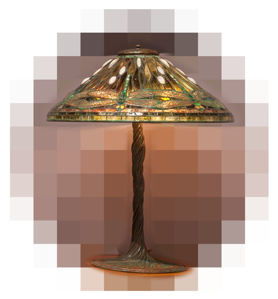 Tiffany Studios lamp with leaded glass Dragonfly shade pixilated in situ