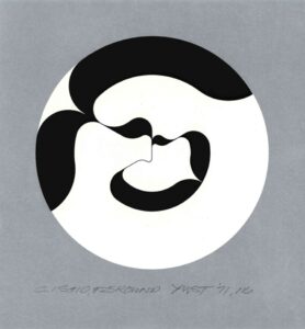 print of a black and white circular artwork on gray